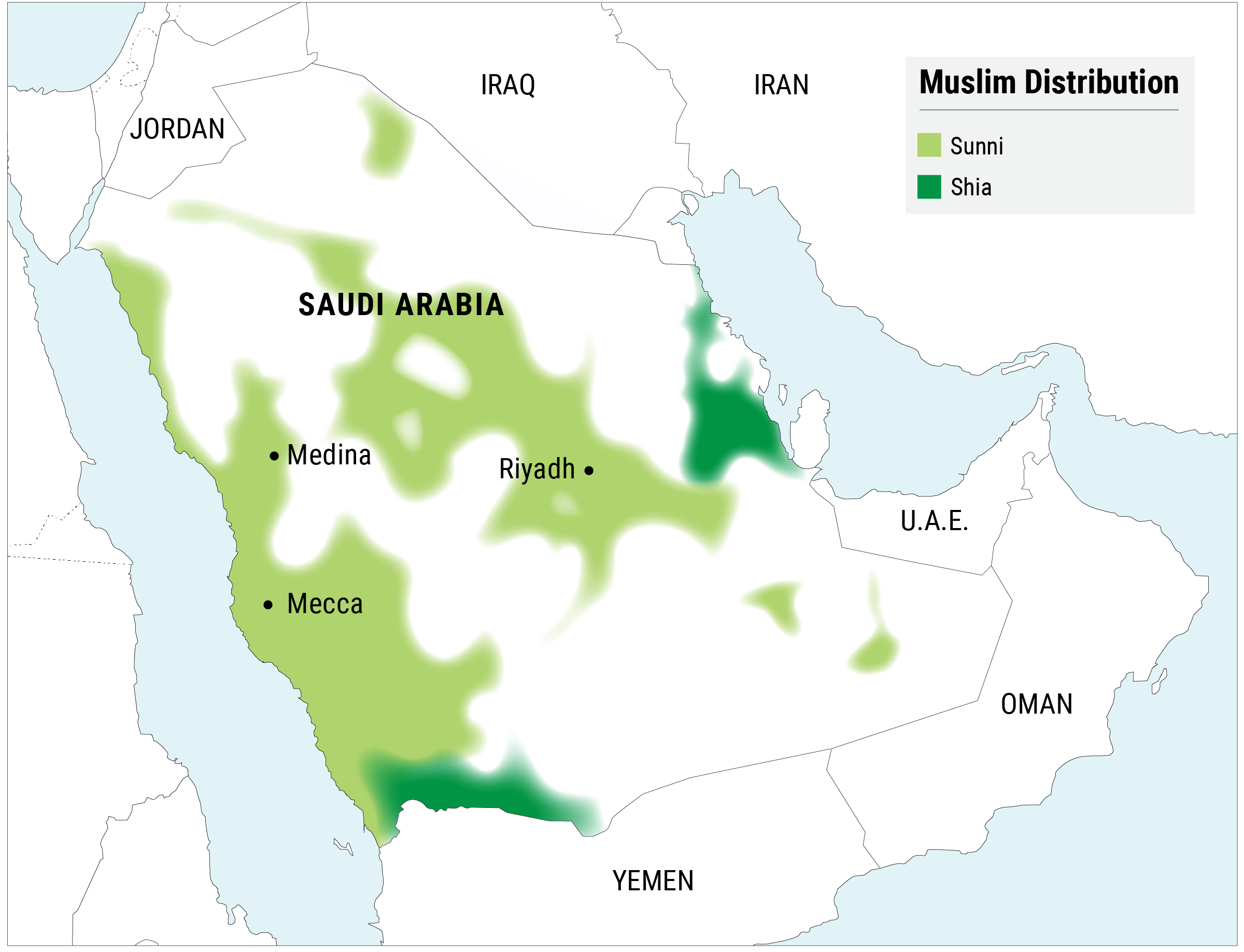 Saudi Arabia is 85–90% Sunni and 10–15% Shia. The minority is mostly concentrated in the oil-rich Eastern Province and near the border with Yemen.